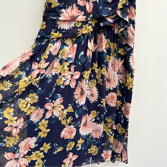 Lulus Stunning Soiree Navy Blue Floral Print Ruched Midi Dress Ruffles Medium - Picture 8 of 16